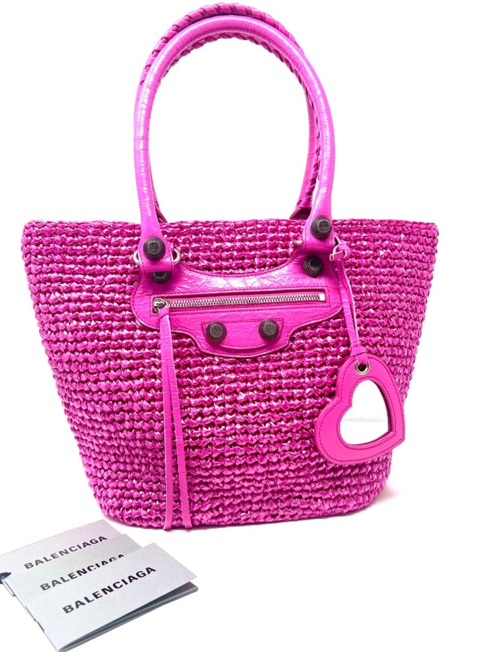 Balenciaga LE CAGOLE Medium Raffia Woven Leather Trim Tote Basket Bag NWT